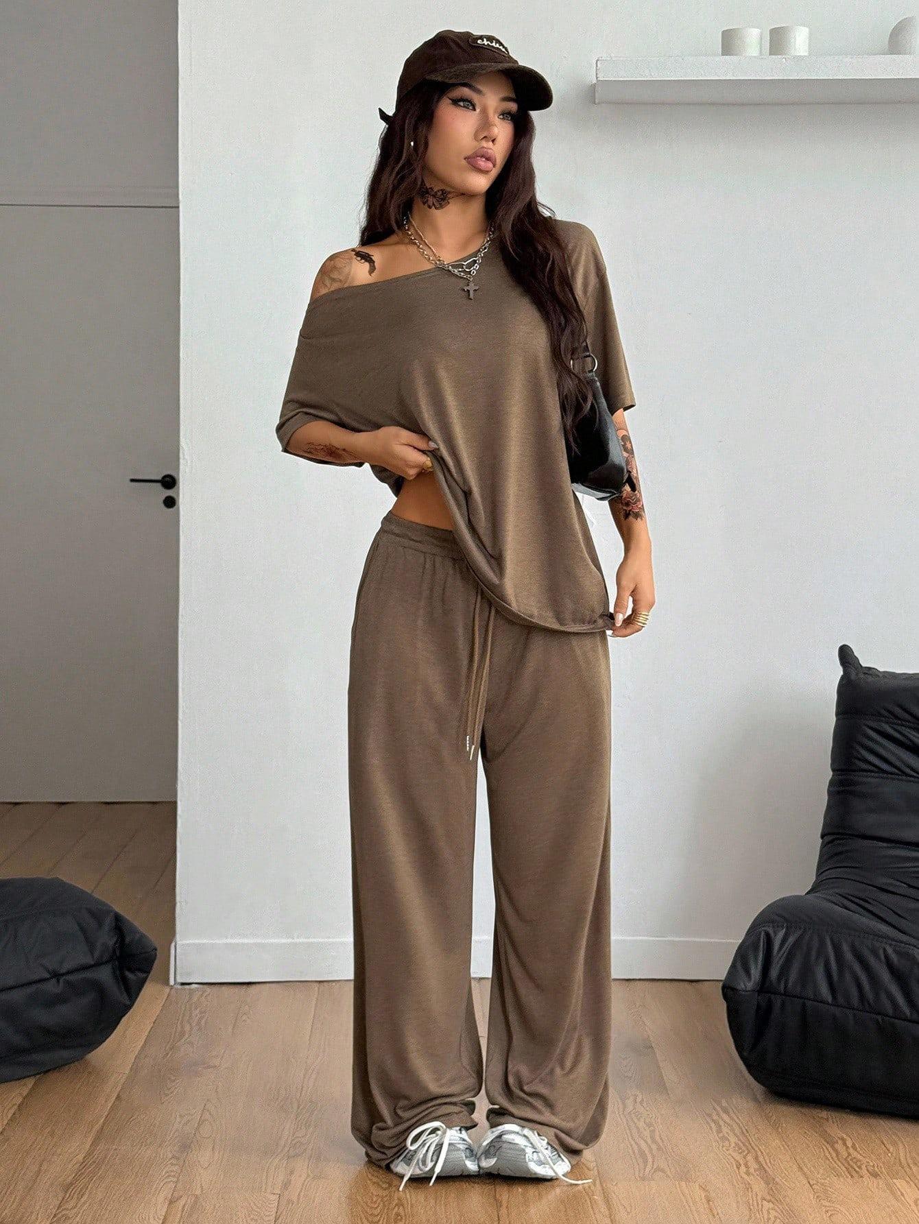 Women Off-Shoulder 2 Piece Set, Oversized Top and Wide Leg Elastic Drawstring Pants