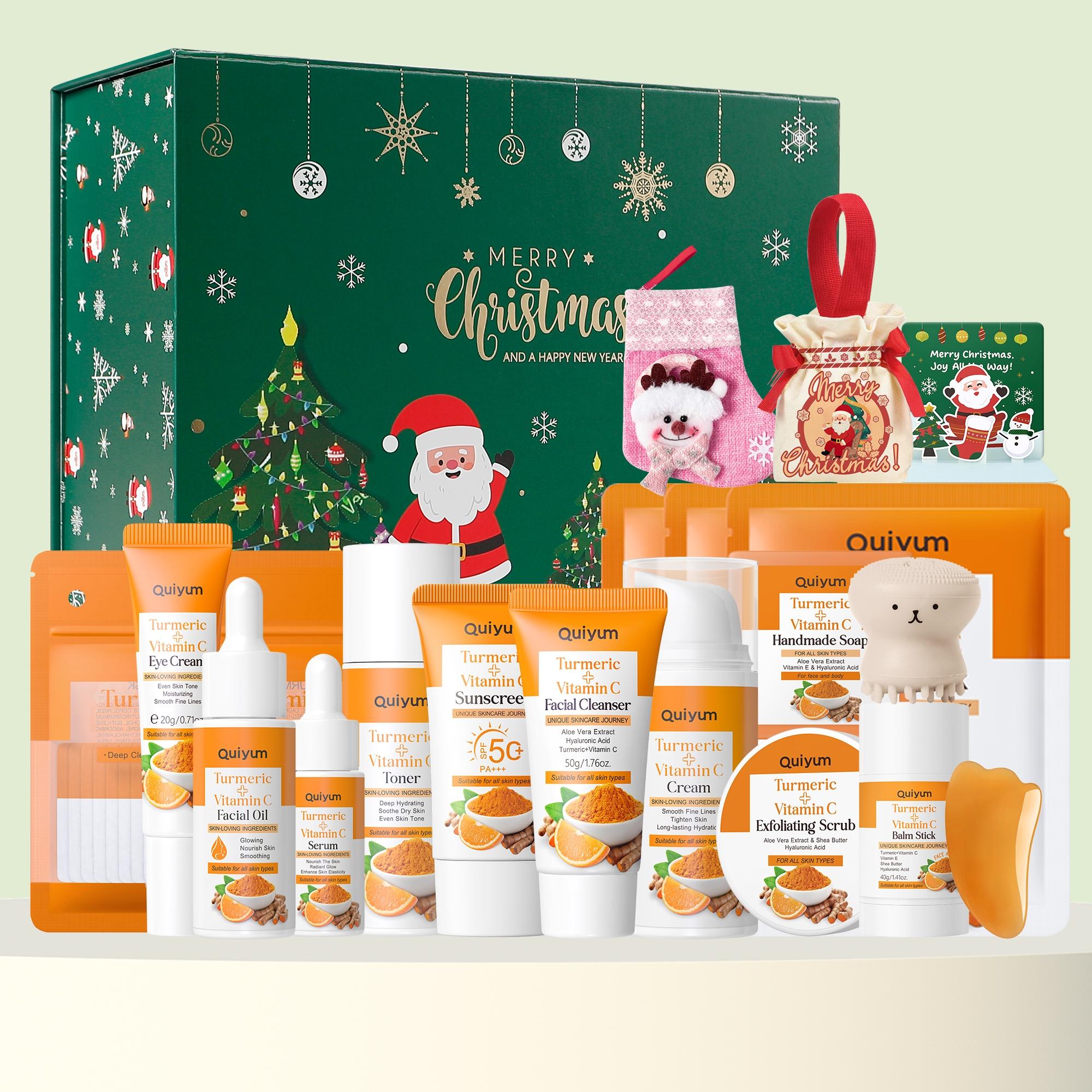 Quiyum Turmeric Vitamin C Skincare Set, Moisturizing Skin Care Kit, Skin Care Sets, Skin Care Products, Including Cleanser, Toner, Cream, Eye Cream, Serum, Soap, Mud Mask, Scraping Pate, Octopus Brush, Gift Box, Skin Care Kit for Women & Girl