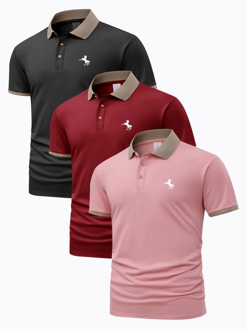 Men's Horse Pattern Polo Shirt, Regular Fit Casual Short Sleeve Button Front Polo Top for Summer, Men's Clothes for Daily Wear, Vacation Clothes, Polo Shirt Set