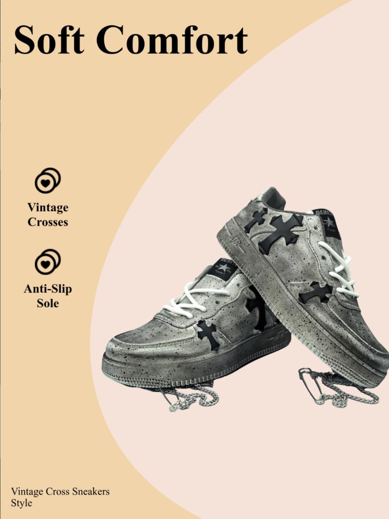 Men's Vintage Metal Chain Cross Sneakers,Size Up by One Size Recommended， Trendy Comfortable Versatile Dark Style, Perfect for Daily and Fashion Scenes