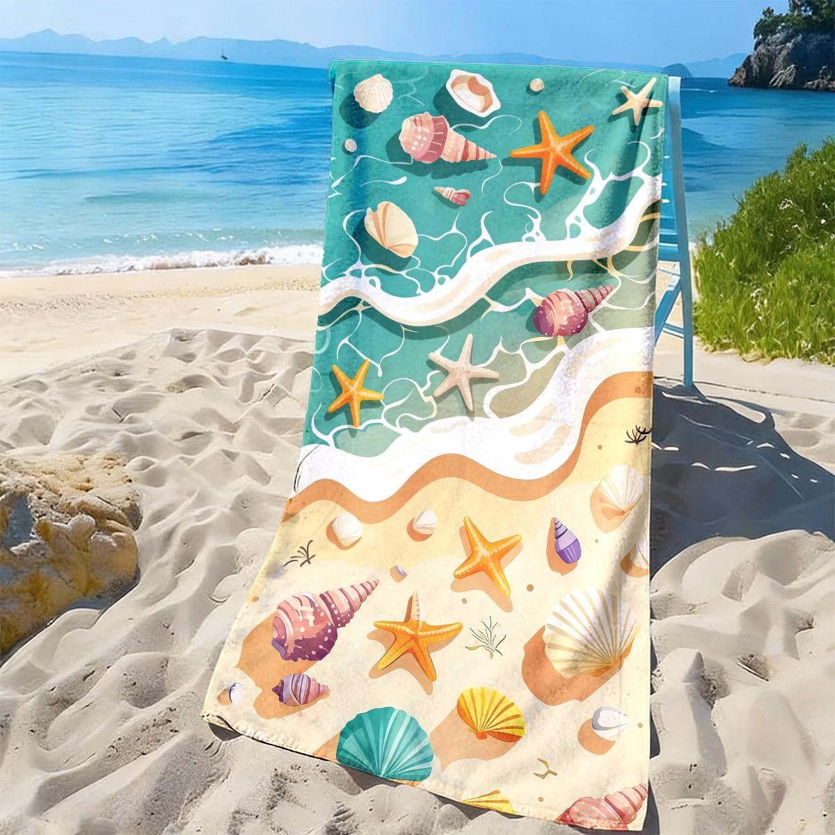 Ocean Shell Starfish Beach Towel, Quick-Dry Super Soft Polyester, Multi-Use Yoga Travel Swim Camping, Large Size, Best Gift