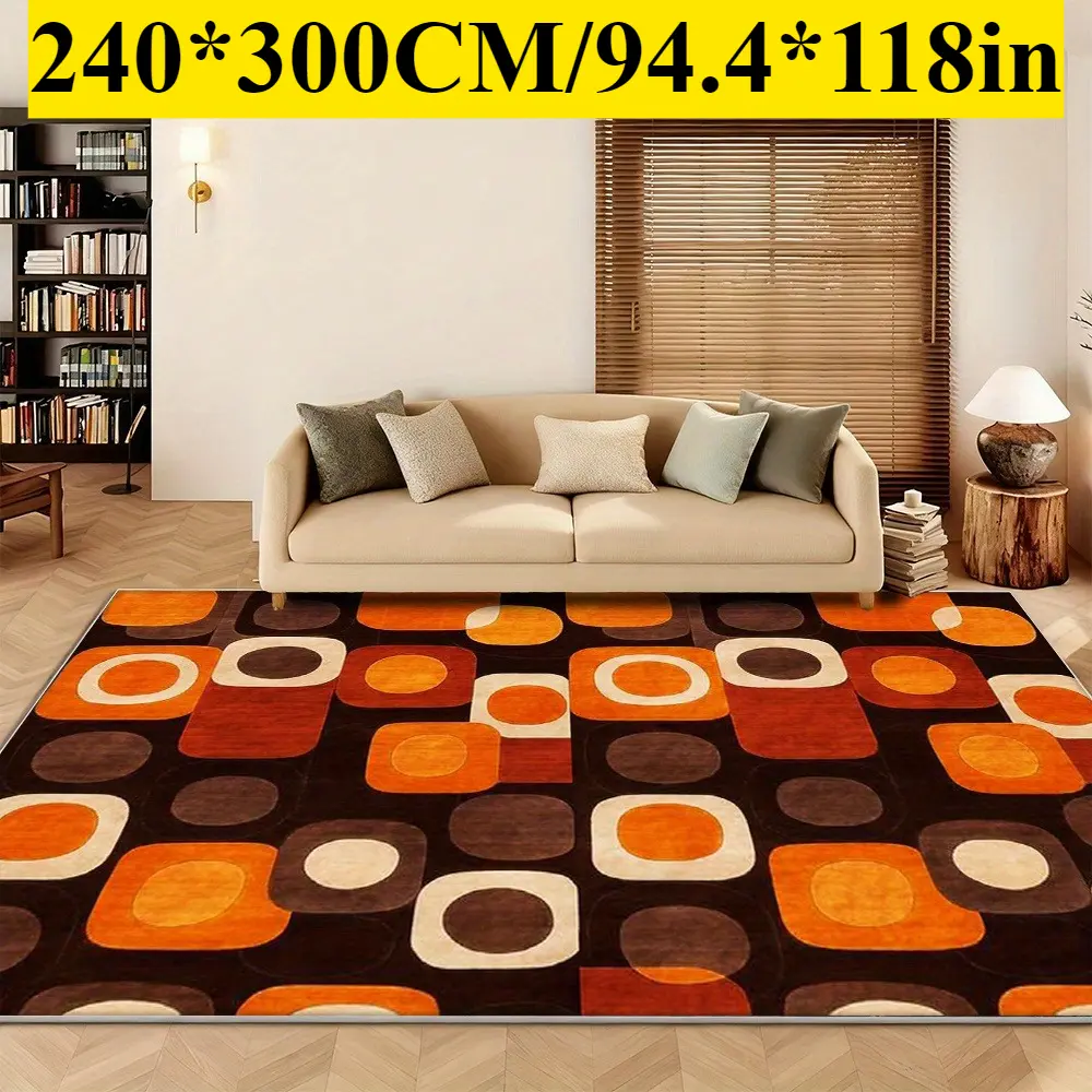 Extra-large velvet carpet, 850 grams per square meter, with non-slip plastic backing, machine washable soft carpet, featuring a vintage geometric pattern in orange-brown tones, modern minimalist style, suitable for living rooms and bedrooms