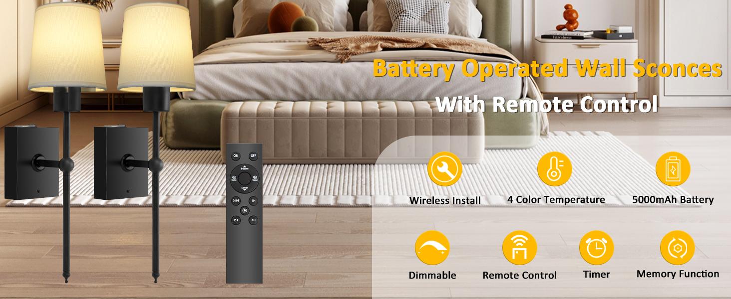 Wireless Rechargeable Wall Sconces w/ Remote | Adjustable Brightness | Ambient Lighting, Set of 2 | White Fabric Shade, Indoor Wireless Lamp For Bedroom Living Room