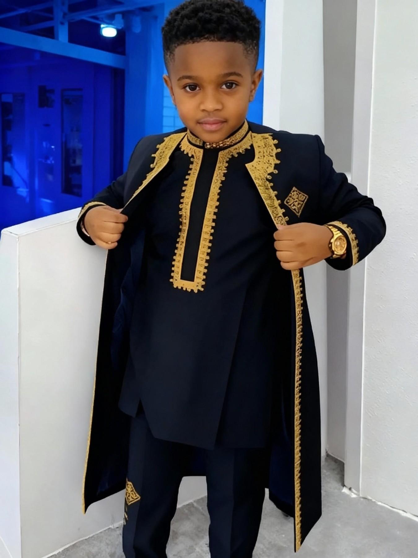 Ethiopian Traditional Kids Costume Set, Gold Embroidered Dress, Overseas Bestseller Return, Unique Cultural Fashion