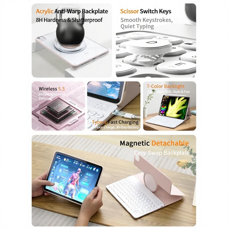 SPALLO Magnetic Spanish Ñ Keyboard Case for iPad A16 11th, 10th Generation, Compatible with iPad Pro M5 2025 & iPad Air 7th 2024, 6th, 5th, 4th Gen - 360 Rotatable Detachable Portable Keyboard - Backlit Wireless Español Keyboard Case with Mouse