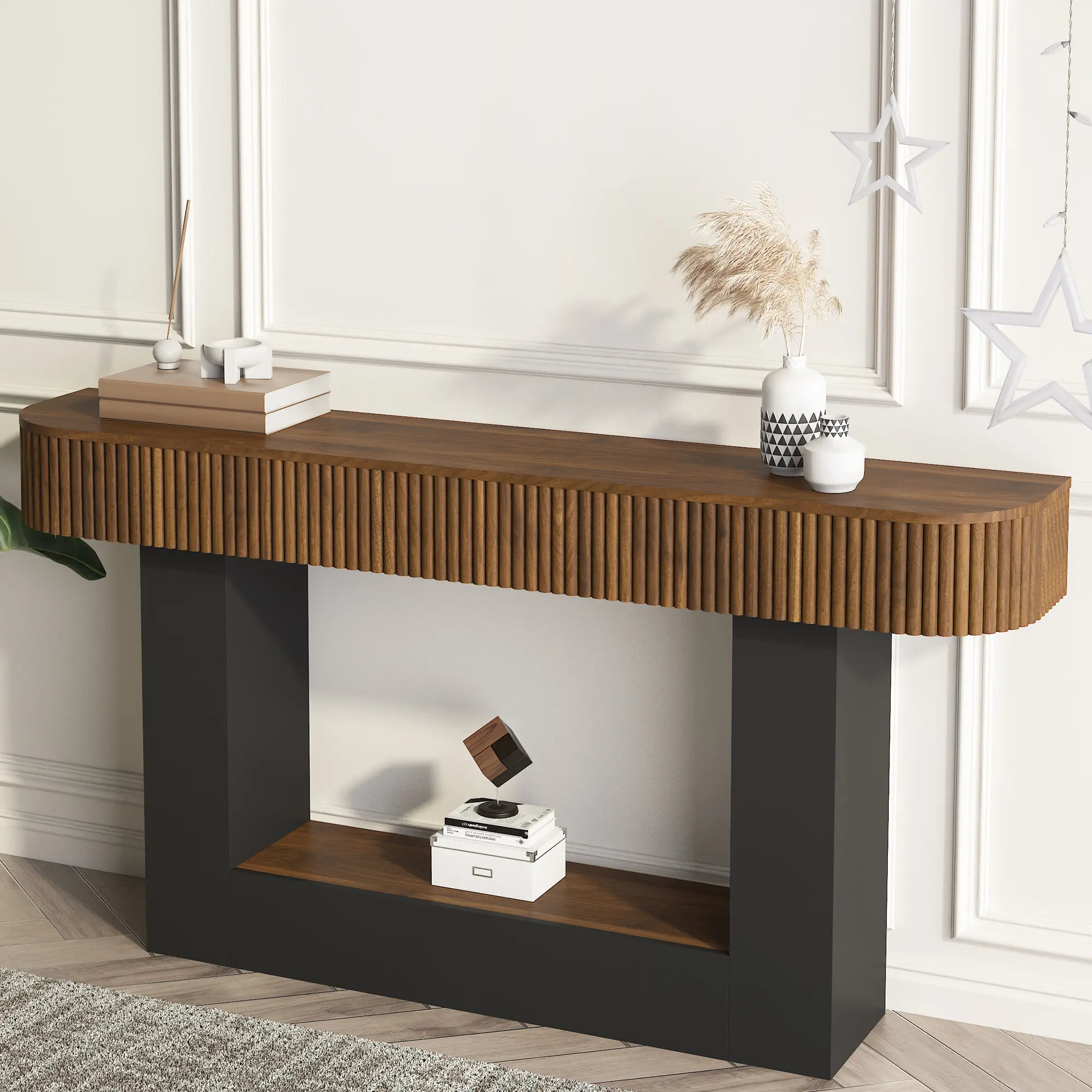 63" Fluted Console Table with Open Shelf, Black & Brown, YATU Living