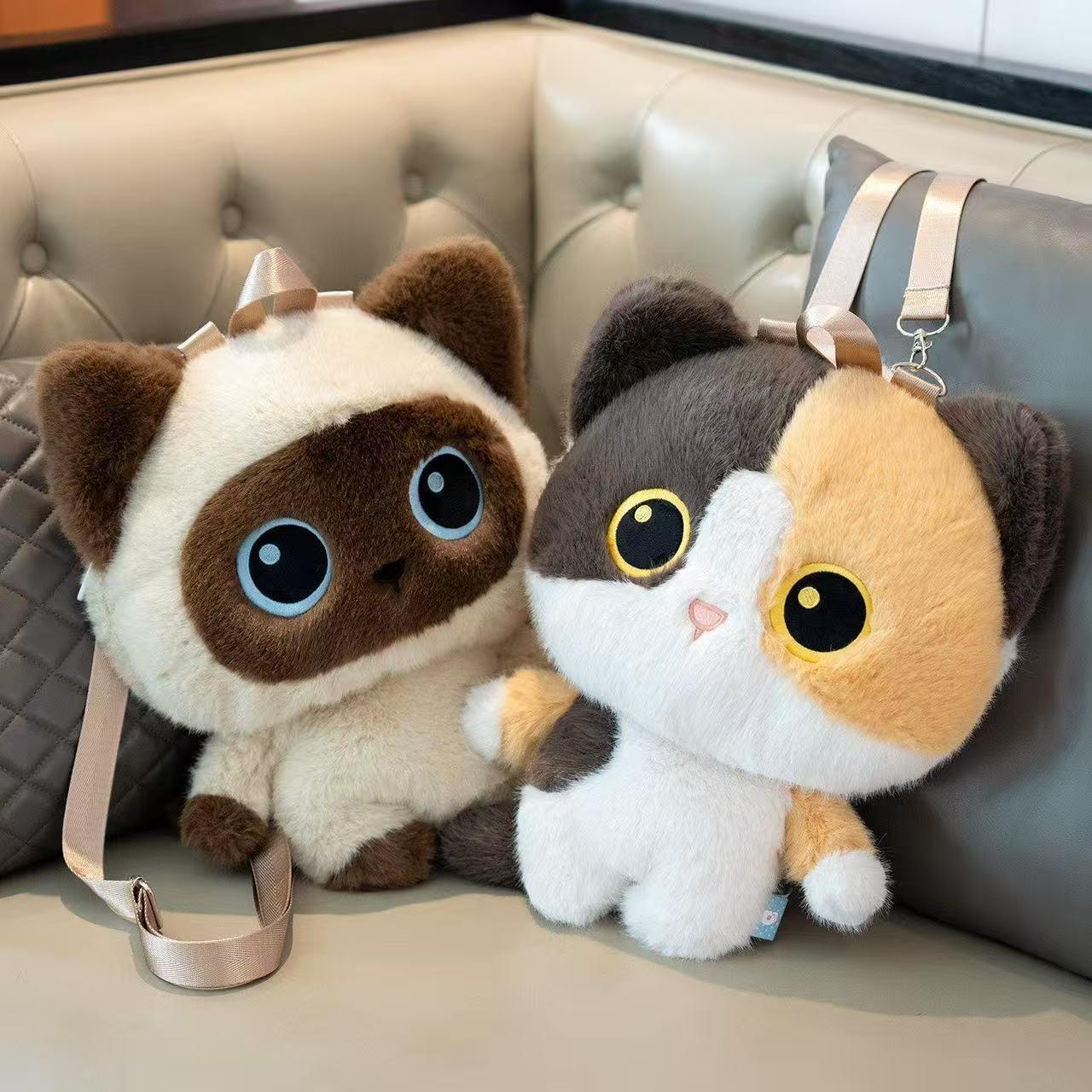 Cute Three-Color Cat Plush Backpack, Cat Stuffed Animal Shoulder Bag, Soft Birthday Gift for Kids Girls, Outing Present