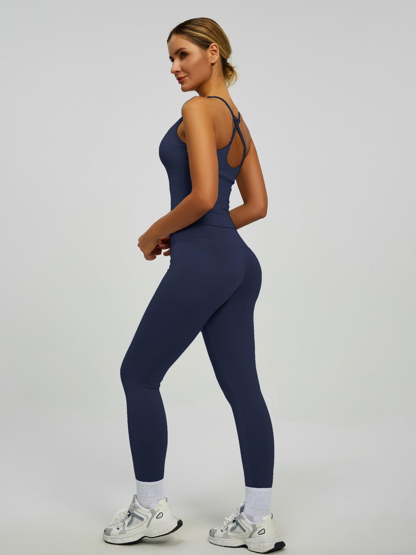 Women's 2-Piece Solid Color Sportswear Set, Sleeveless Backless Tank Top, High Waist Leggings, Slim Fit, Breathable Yoga Gym Outdoor Workout, Stretchable Activewear, Sports Fitness Wear