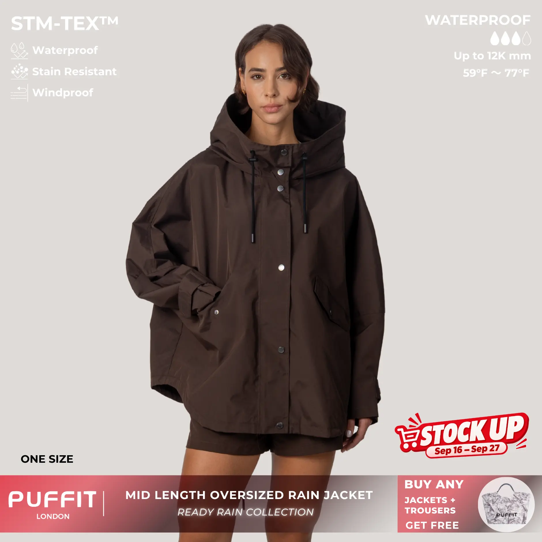 PUFFIT STM-TEX Mid Length One size Oversized Rain Jacket with Adjustable Hem,Loose Fit,Autumn Hooded Jacket,Waterproof Jacket,Lightweight,Wide-Brim Hood,Adjustable Cuffs,Outdoor,Windbreaker,Shopping,Dog Walking,School Running,Football Mum,2026