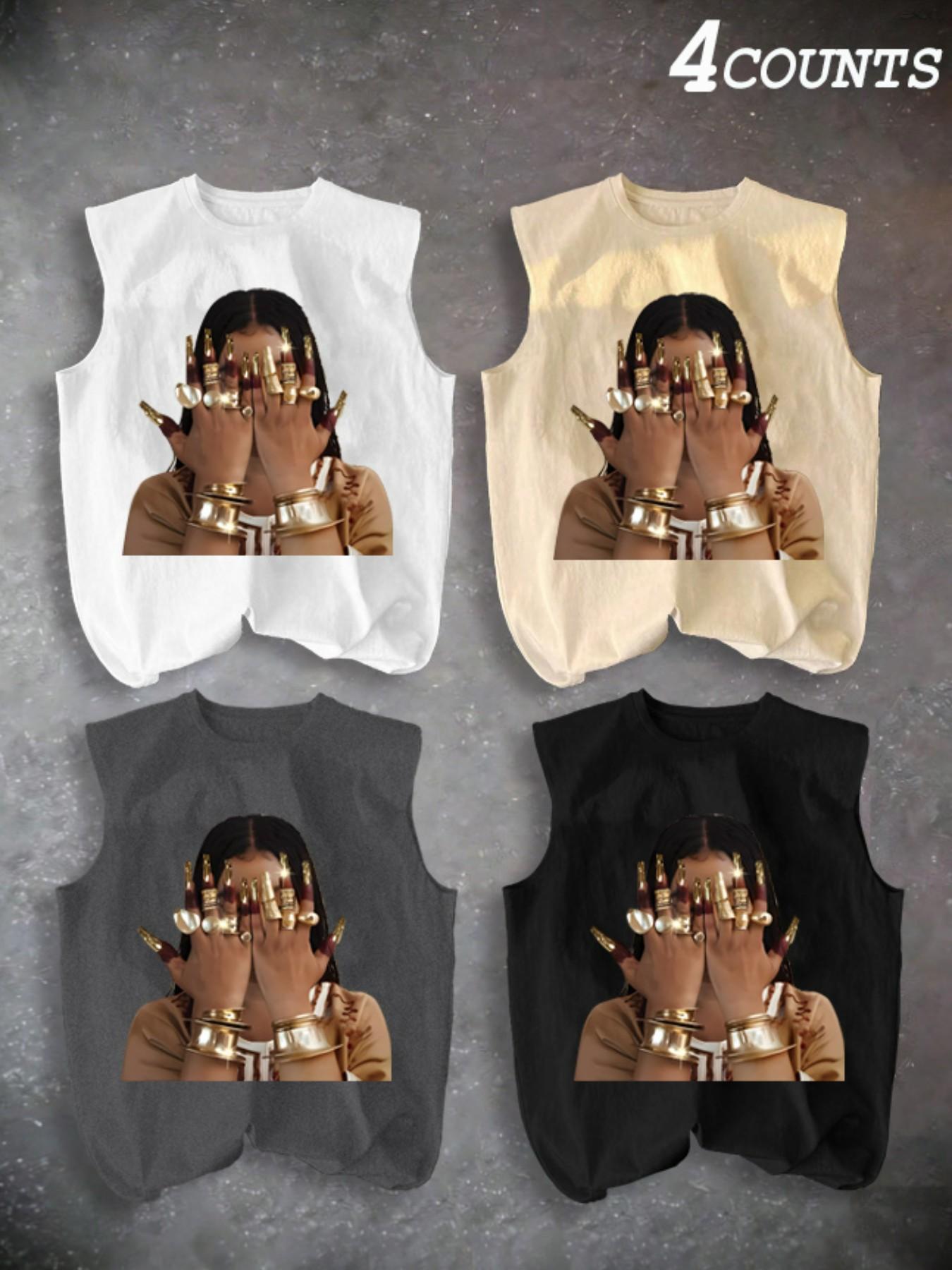 Men's Four-Piece Set Casual Sleeveless Tank Tops, Patterned Tank Top, Ring Pattern Print, Summer Vacation Party Daily Wear, Comfortable Inner Outerwear