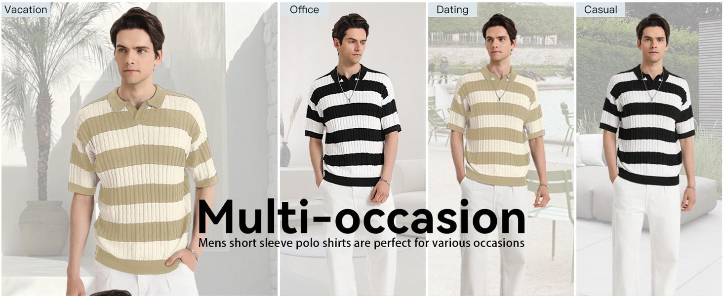 HYPESTFIT Men's Striped Short Sleeve Knitted Polo Shirt for Spring & Summer - Blue White Polyester Top for Casual Wear