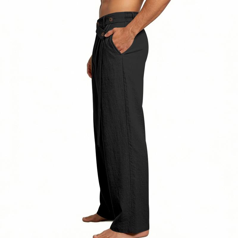 Men's 2026 Spring Summer Plain Linen-Cotton Fabric Wide Leg Trouser, Irregular Cross Buckle Waist, Loose Fit for Big-Tall Menswear, Ideal for Beach Vacation & Daily Commute (Polyester-Blended Option Available)