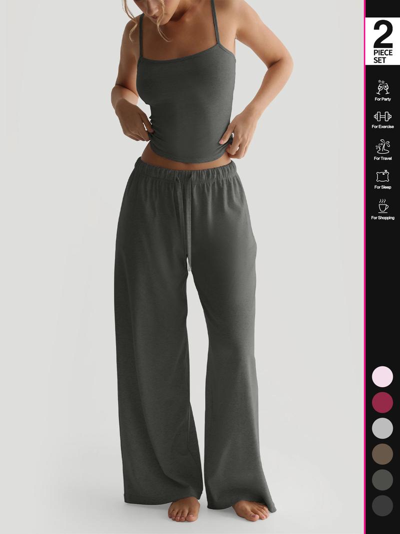 Women's Solid Cami Top & Wide Leg Pants Loungewear, Casual Comfy Pyjama Set for Women, Women's Sleepwear for Summer, Homewear, Pajama Set