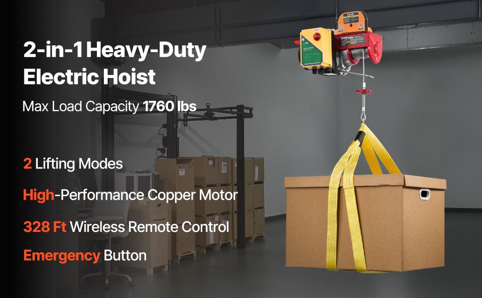 VEVOR Electric Hoist, 1760 lbs 120V Electric Winch with 328 ft Wireless Remote Control, 40 ft Single Cable Lifting Height, Single/Double Slings, Emergency Stop, Lift Hoist for Garage Warehouse Factory VEVOR Electric Hoist, 1760 lbs 120V Electric Winch with 328 ft Wireless Remote Control, 40 ft Single Cable Lifting Height, Single/Double Slings, Emergency Stop, Lift Hoist for Garage Warehouse Factory
