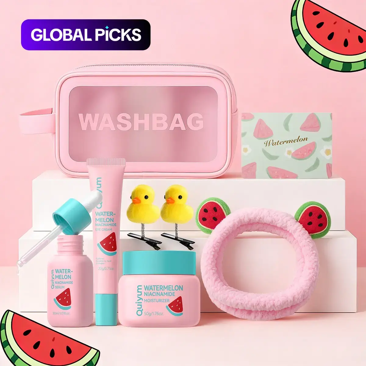 Quiyum Watermelon Skincare Set, Cleanser, Toner, Serum, Eye Cream and Essence Cream, Plus Mask, Bandeau, Hairpin, Card and Makeup Bag, Moisturizing Skin Care Kit for Women and Girls, Best Gift Ideas, Gift Sets #GLOBAL PICKS