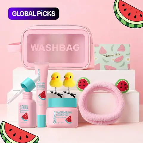 【Black Friday】Quiyum Watermelon Skincare Gift Set for Women and Girls, Moisturizing Face Care Kit with Cleanser, Toner, Serum, Eye Cream, Face Cream, Sheet Mask, Spa Headband, Hair Clips and Cosmetic Bag