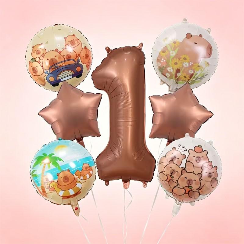 9-Piece Capybara Birthday Balloon Set, 32-Inch Chocolate Number, Shiny Star Aluminum Balloons, Party Decor, Kids Photo Props, Home Wall Decoration, Birthday Party Decorations