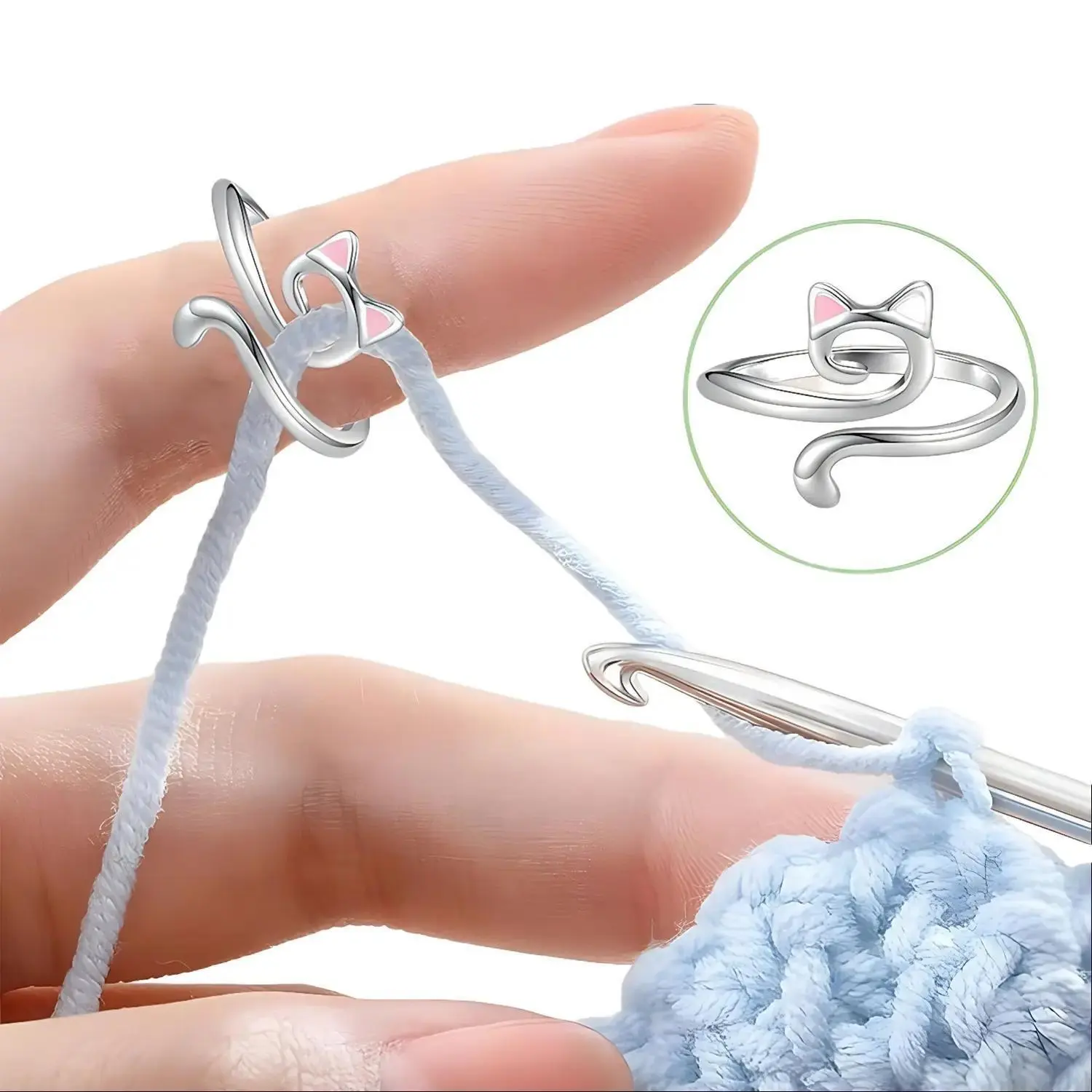 2-Pack Adjustable Crochet Rings for Finger Yarn Guide, Cat Design Knitting Loop Rings with Storage Box, Yarn Tension Guide for Crochet, Knitting & DIY Crafts