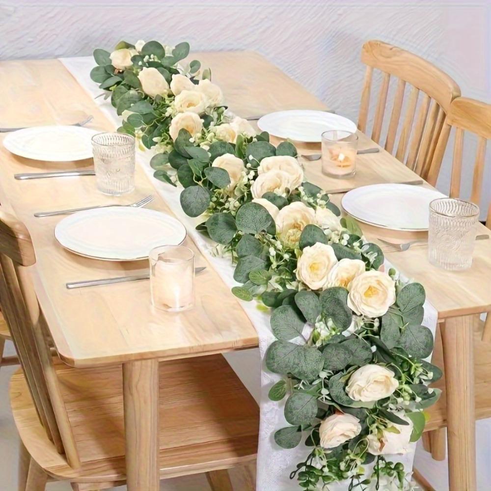 70-inch Eucalyptus and Rose Garland, Plastic Flower Vine for Home Decor, Wedding and Engagement Table Decoration for Various Room Types, Featherless Plastic Floral Vine, Ideal for Party Tables & Indoor Wall Backdrops, Artificial Eucalyptus Garland