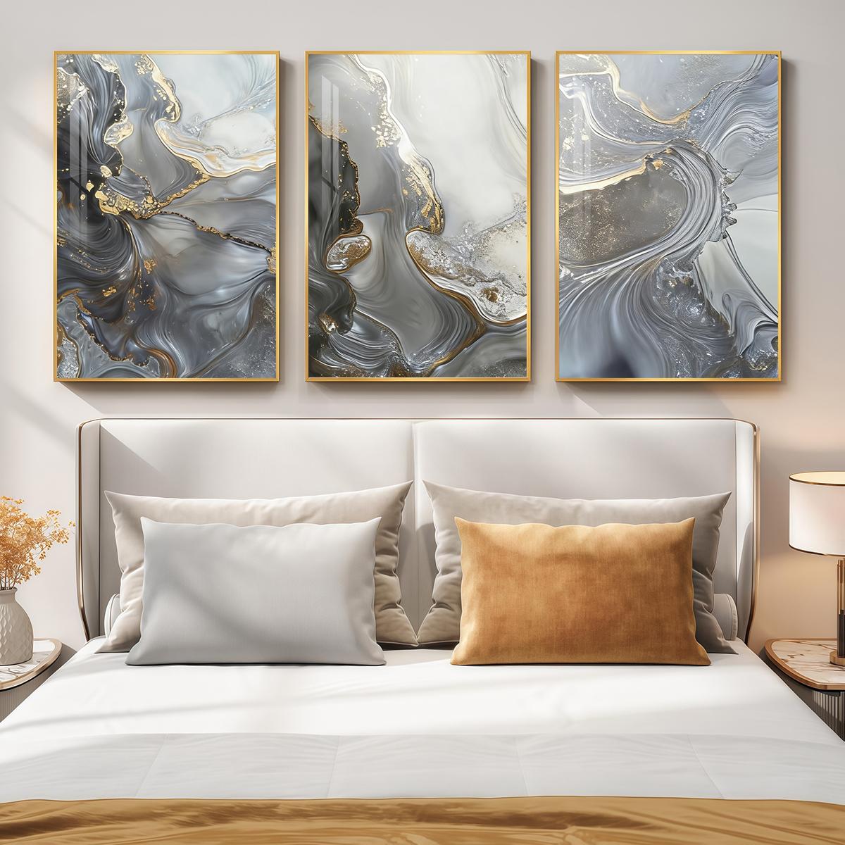 3 Counts Aluminum Alloy Framed Painting, Abstract Gray Gold Fluid Art Pictures, Home Decoration For Living Room, Bedroom, Office, Restaurant, Hallway Wall Decor, Odorless Print Artwork, Luxury Perfect Gift For Friends And Family