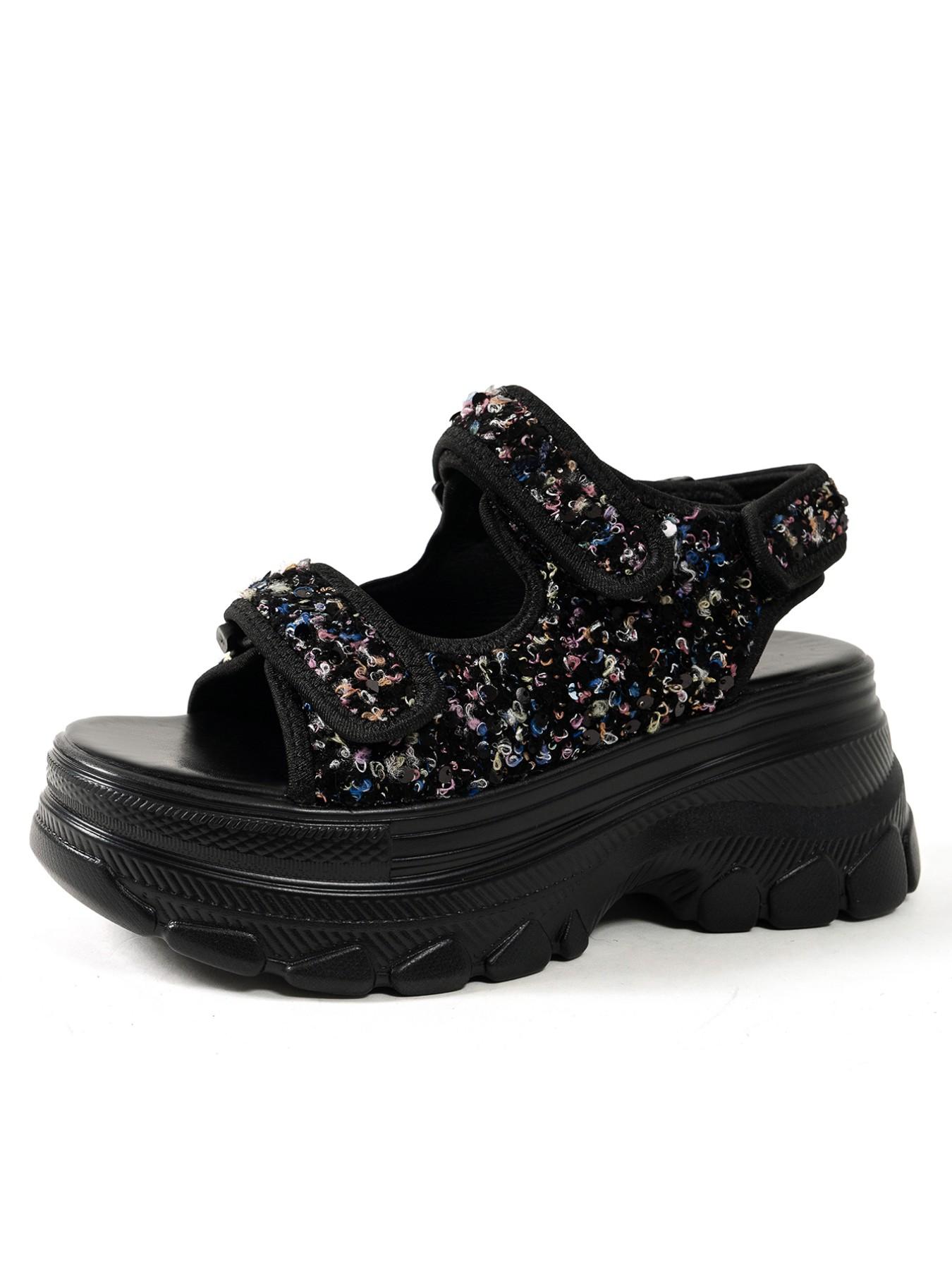 Vintage Artistic Colorful Thick Sole Sandals, Mixed Yarn Chunky Flower Design, Artisanal Style, Comfortable Summer Footwear