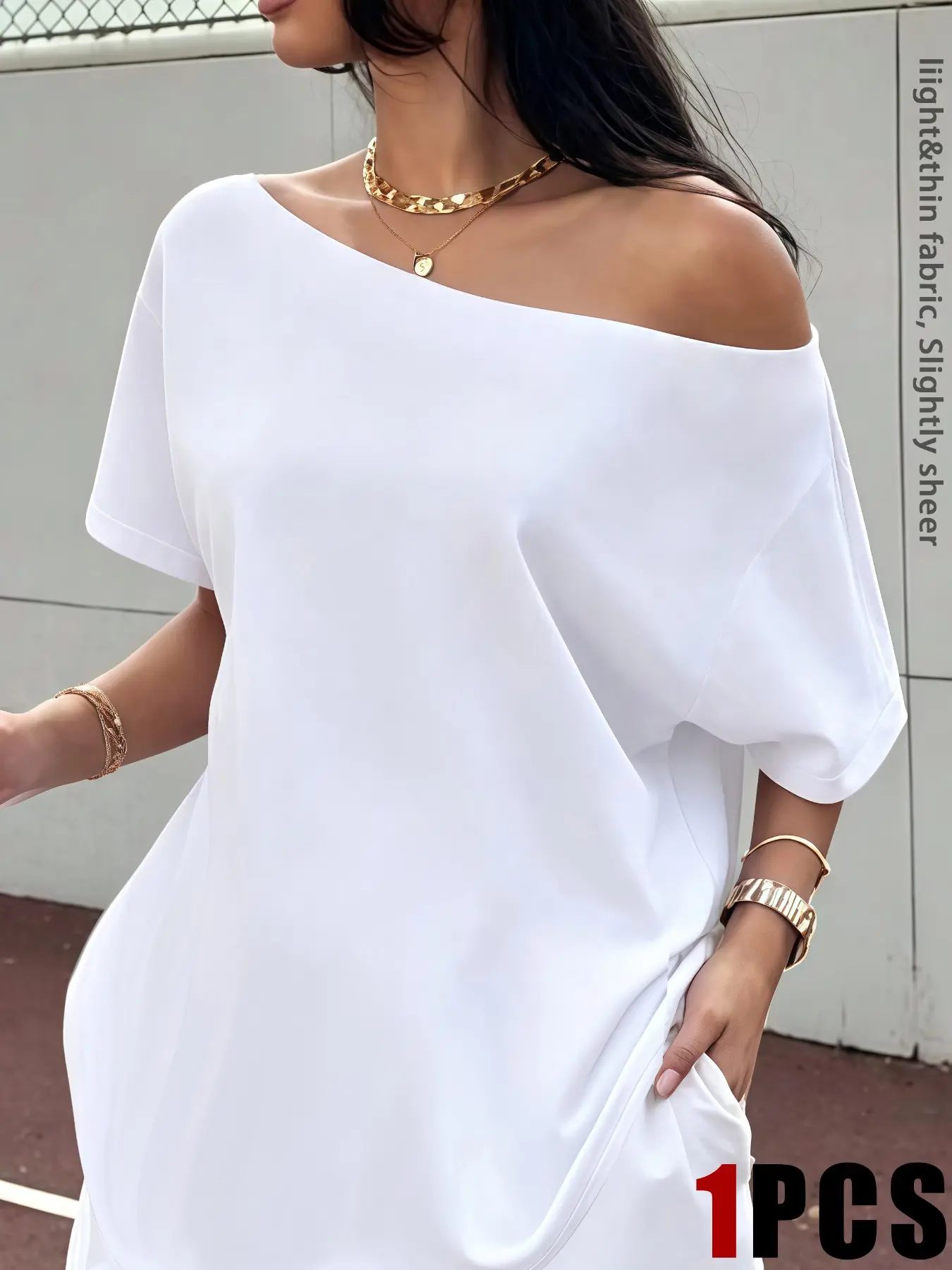 Women's Summer Sexy Fashion Basic Simple Asymmetrical Shoulder Loose Short Sleeve T-Shirt, Daily Casual Wear, Trendy and Versatile