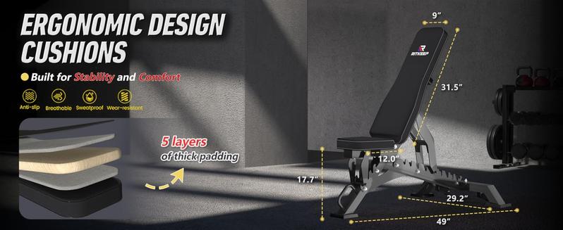 RitKeep 1300lbs Heavy Duty Weight Bench, Adjustable Weight Bench Workout Bench Press Set for Home Gym Strength Training, Portable Incline Bench with Wheels for Full Body Fitness