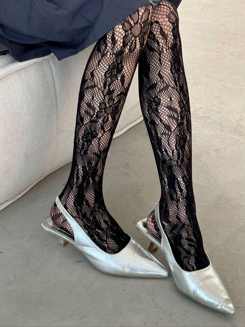 Thin Solid Color Sheer Hollow Out Pantyhose, Sexy Lace Net Stockings, Black & Wine Red For Women