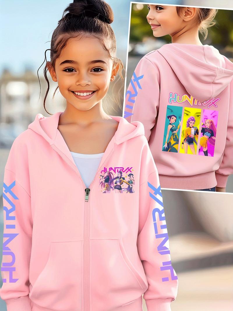 Girls' Kpop Demon Hunters Graphic Casual Hoodie Jacket, Cartoon Print Zipper Sweatshirt, Fall & Winter Fashion, Comfortable Kids Clothing