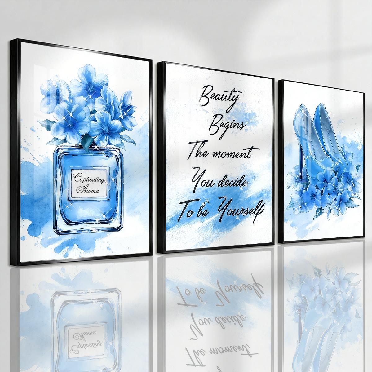 3 Counts Aluminum Alloy Framed Painting, Blue High Heels Perfume And Flowers Illustration, Home Decoration For Living Room, Bedroom, Office, Restaurant, Hallway Wall Decor, Odorless Print Artwork, Luxury Perfect Gift For Friends And Family