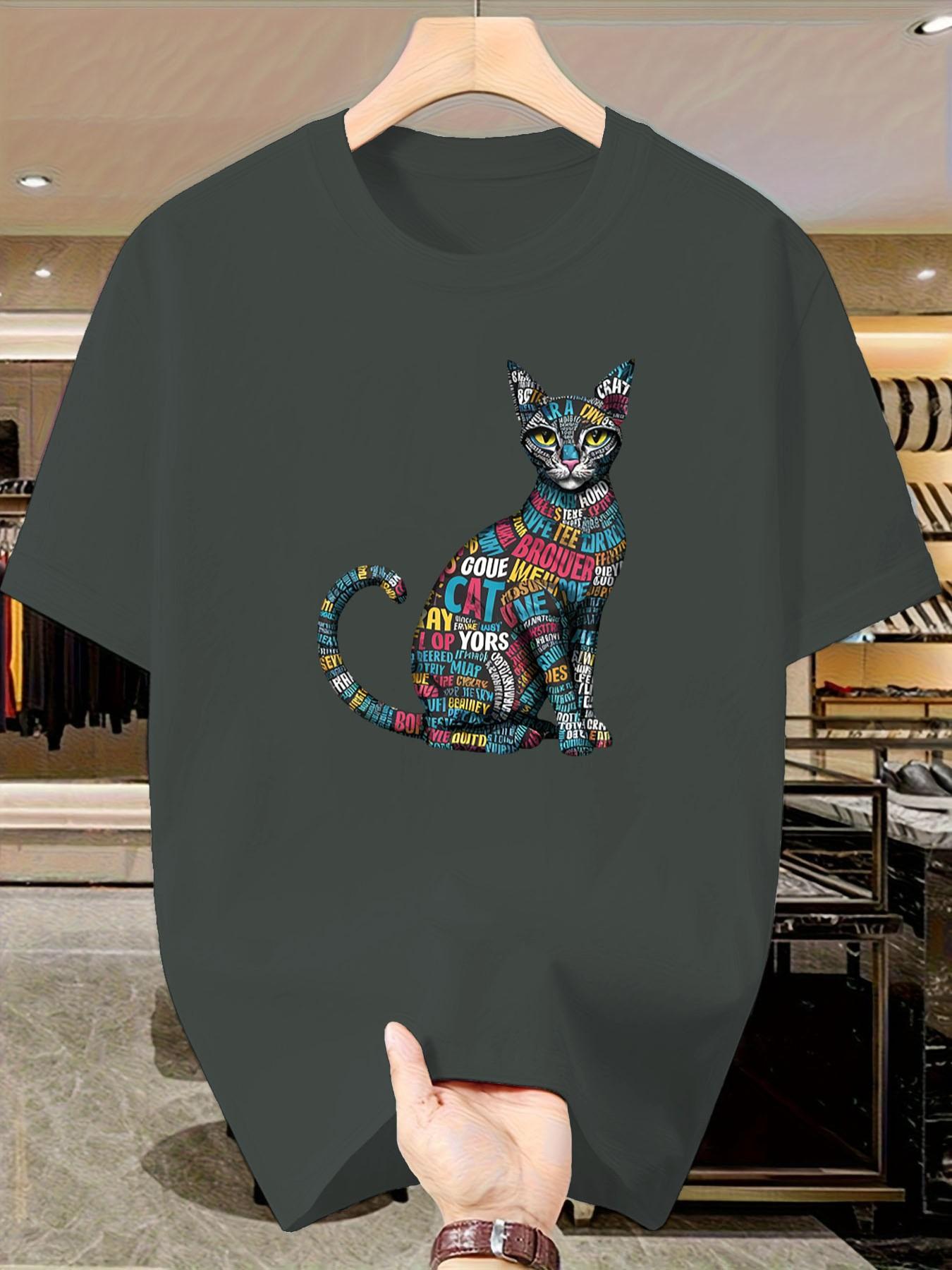 Artistic Word Puzzle Cat Short Sleeve T-Shirt, Summer Slim Fit Casual Top, Boys' Fashionable Tee, Unique Design, Cool Look