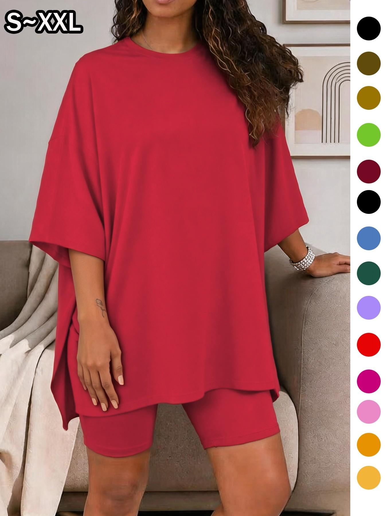 Women's Solid Color T-Shirt and Tight Shorts Set Loungewear, Summer Comfort Round Neck Pajamas, Casual Pocket Design, Suitable for Outdoor Wear