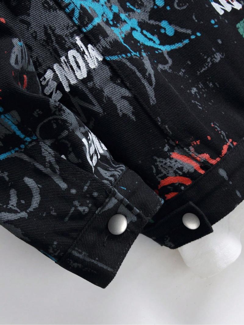 Men's Graffiti Letter Print Denim Jacket, Loose Casual Street Comfy Long Sleeve Outerwear for Daily Wear, Menswear for All Seasons, Coats