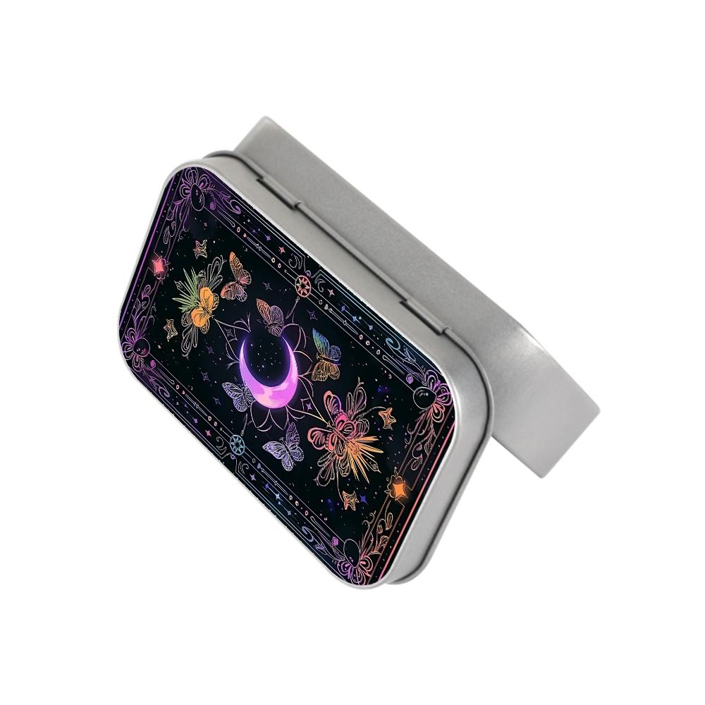 1Pc Celestial Moon & Butterfly Metal Tin Box with Hinged Lid - Small Storage Containers for Tarot Crystals, Jewelry - Decorative Rectangular Tinplate Organizer, Desktop Storage Box, Collectibles Storage, Witchy Gift for Women, Display Container