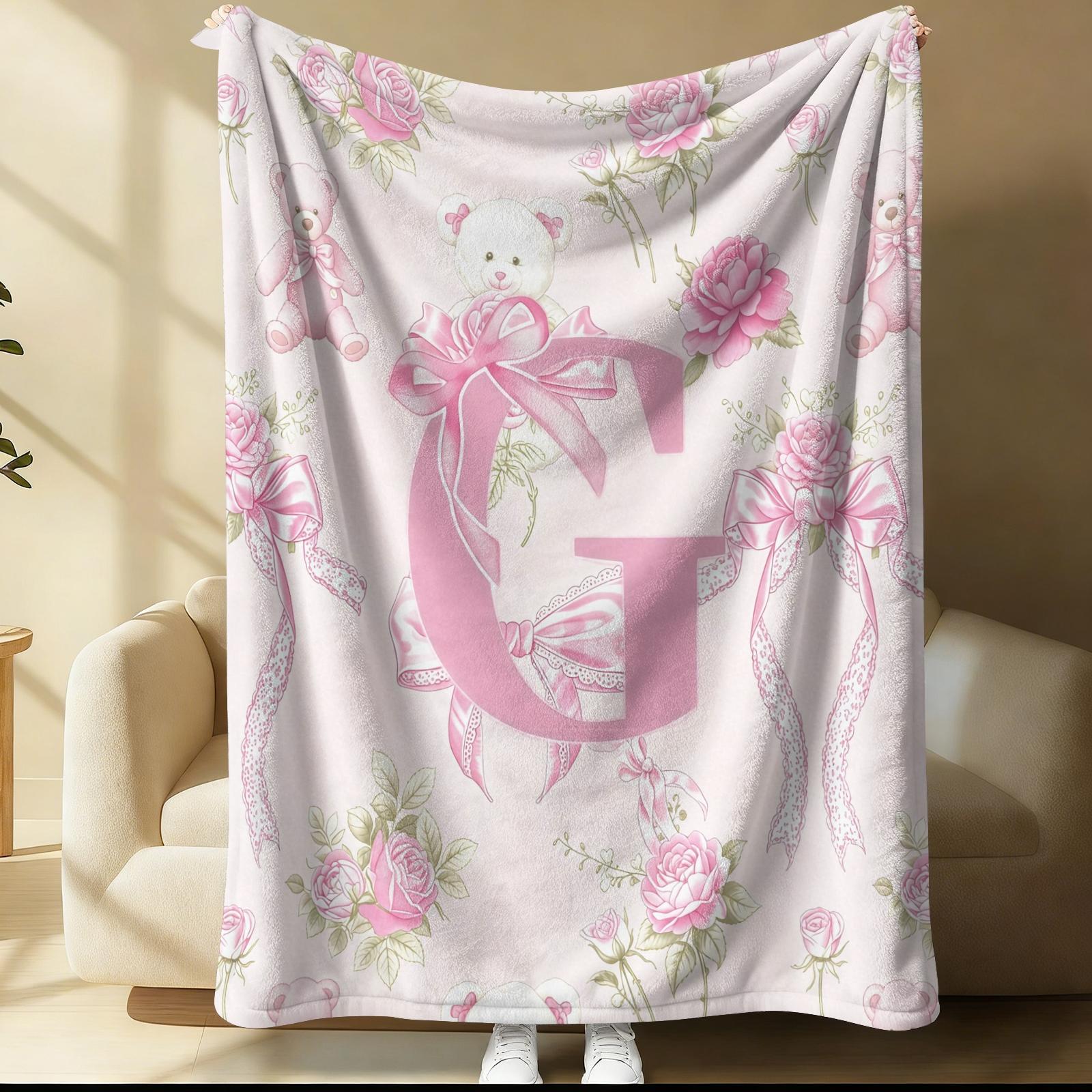 Pink Coquette Initial Letter Throw Blanket, Soft Fuzzy Plush, Teddy Bear & Rose Floral, Girly Bow Print, Lightweight for Couch Bed Office, All Seasons, Aesthetic Room Decor, Perfect Gift