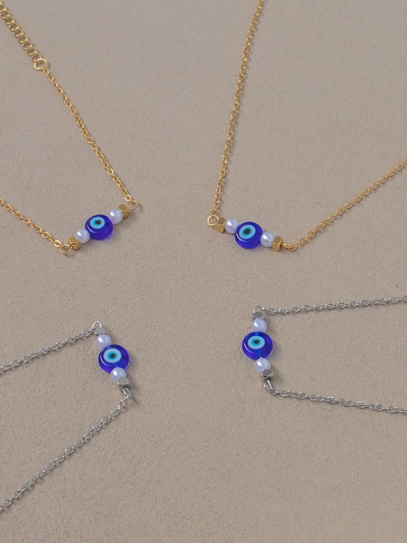 Stainless Steel Devil Eye Jewelry Set, Summer Simple Pearl Glass Eyes Necklace Bracelet, Elegant Fashion Accessory