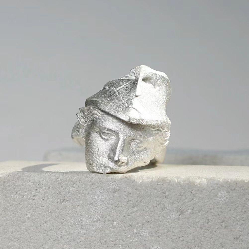 Human face ring matte hand-brushed long ring opening adjustment fashion niche design ring jewelry