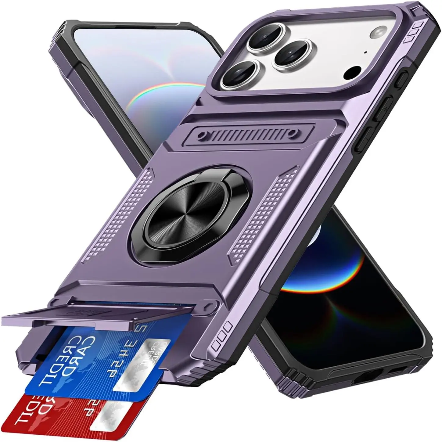 Magnetic Wallet Phone Case with 2-Card Holder, Rotatable Ring Stand, Dual Layer Heavy Duty Shockproof for iPhone Series (18 Pro Max,18 Pro,17 Pro Max,16,15,14,13,12,11 Plus) - Fits iOS