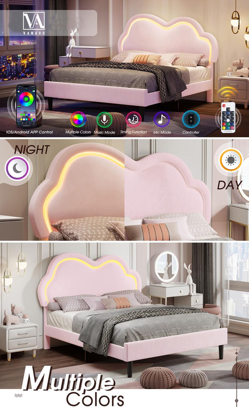 VanAcc Bed Frame with Adjustable Cloud Headboard and Customizable LED Light, Velvet Upholstered Bed, Unique Bedroom Furniture, No Box Spring Needed, Twin/Full/Queen