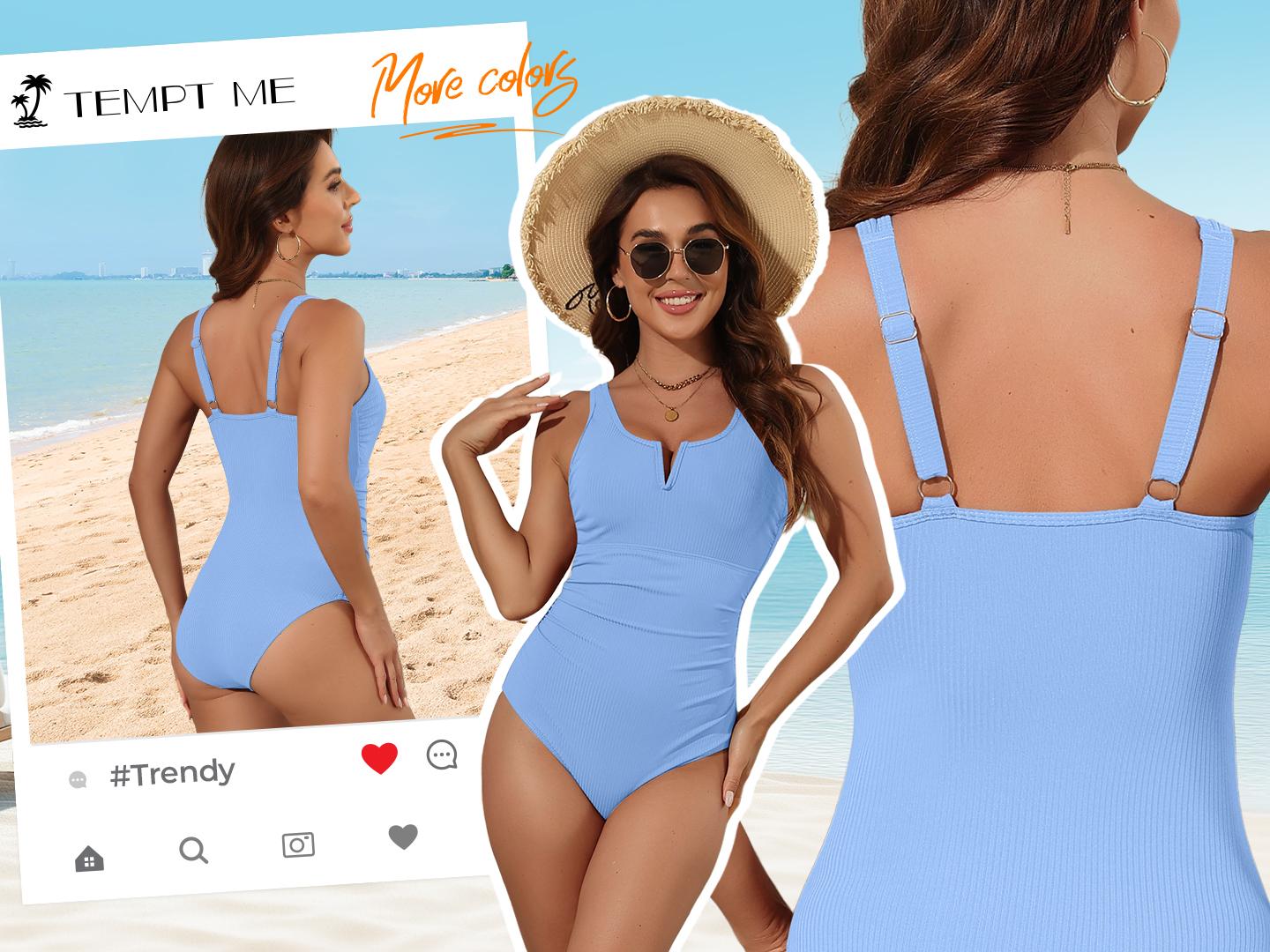 Tempt Me Womens One Piece Swimsuit - Tummy Control Bathing Suit V Wired Ribbed Full Coverage Swimwear