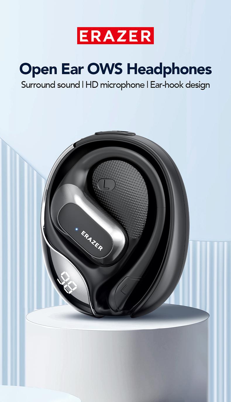 ERAZER X5 OWS Open-Ear Headphones, Ear Hooks Design , Wireless Earbuds, With HD Mic, Waterproof, Power Digital Display, 24H Playtime, Bluetooth 5.4 Earbuds, Gaming with Low Latency