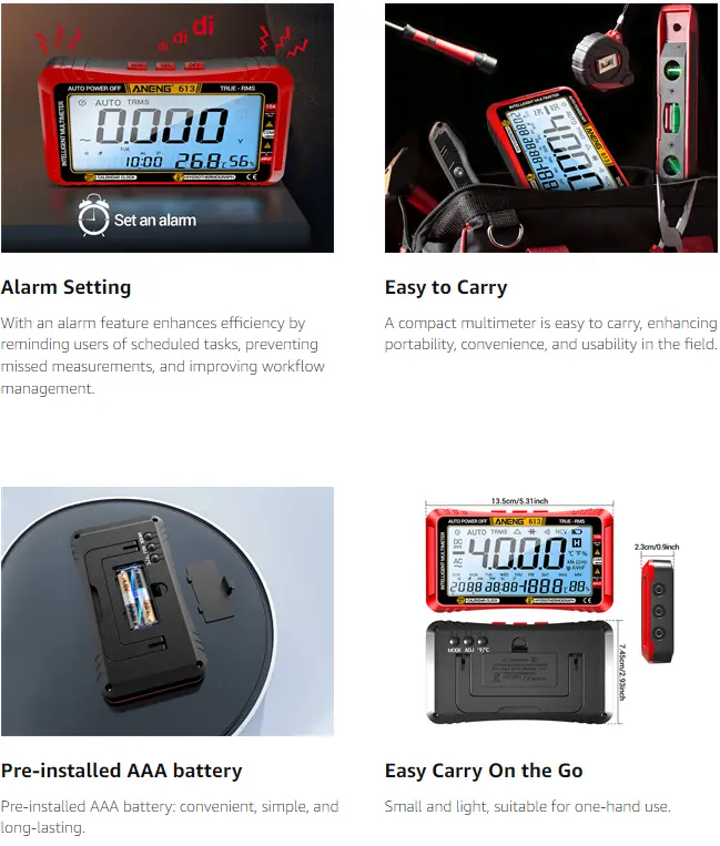 Digital Multimeter Tester - 4000 Counts Auto-Ranging TRMS Volt Meter with Large LCD, 2*Meter Pen, 1*Instruction Manual for DIY Projects, Measures AC/DC Current, NCV, Voltage, Resistance, Diode, Continuity, Capacitance, Temperature (Red), Alarm Clock, Cale