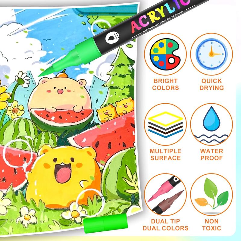 24/48/72/120 Colors Acrylic Paint Markers, Dual Tip Paint Pens for Rock Painting, Canvas, Wood, Glass, Ceramic, Fabric, Plastic, Egg & Scrapbook, Artist Bundle