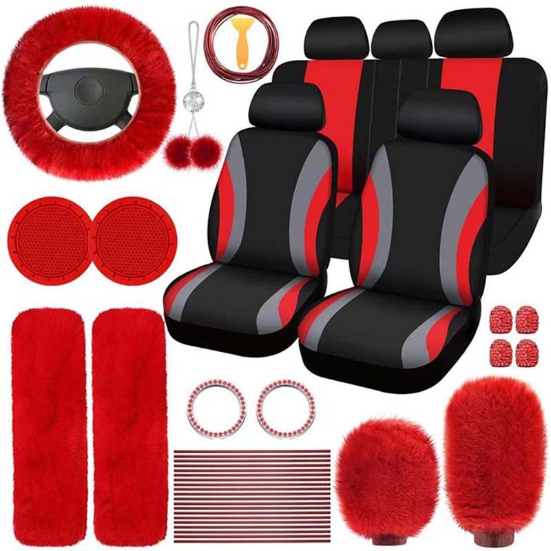 45pcs Car Seat Covers & Interior Accessories Set: Thin Polyester Five-Seat Car Seat Covers, Plush Steering Wheel Cover, Shoulder Pads, Gear Shift Knob Cover, Rearview Mirror Ornaments, Cup Pads, Tire Valve Caps, Stitching Trim Strips.