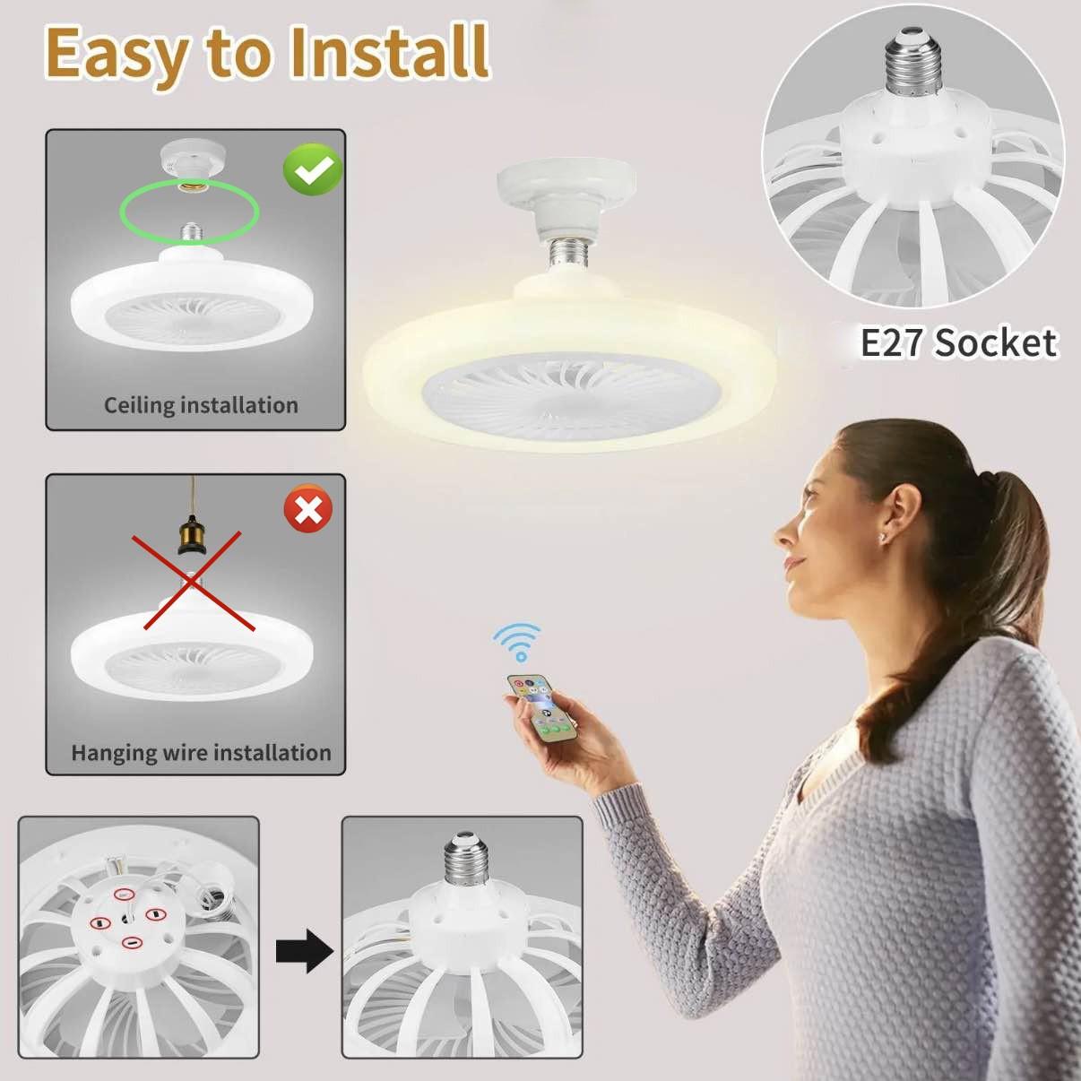 3-Speed LED Ceiling Fan Light with Remote Control, E27 Base, Memory Adjustable Dimming 3000k-6500k, Quiet Operation, Timer Function, LED Ceiling Lights