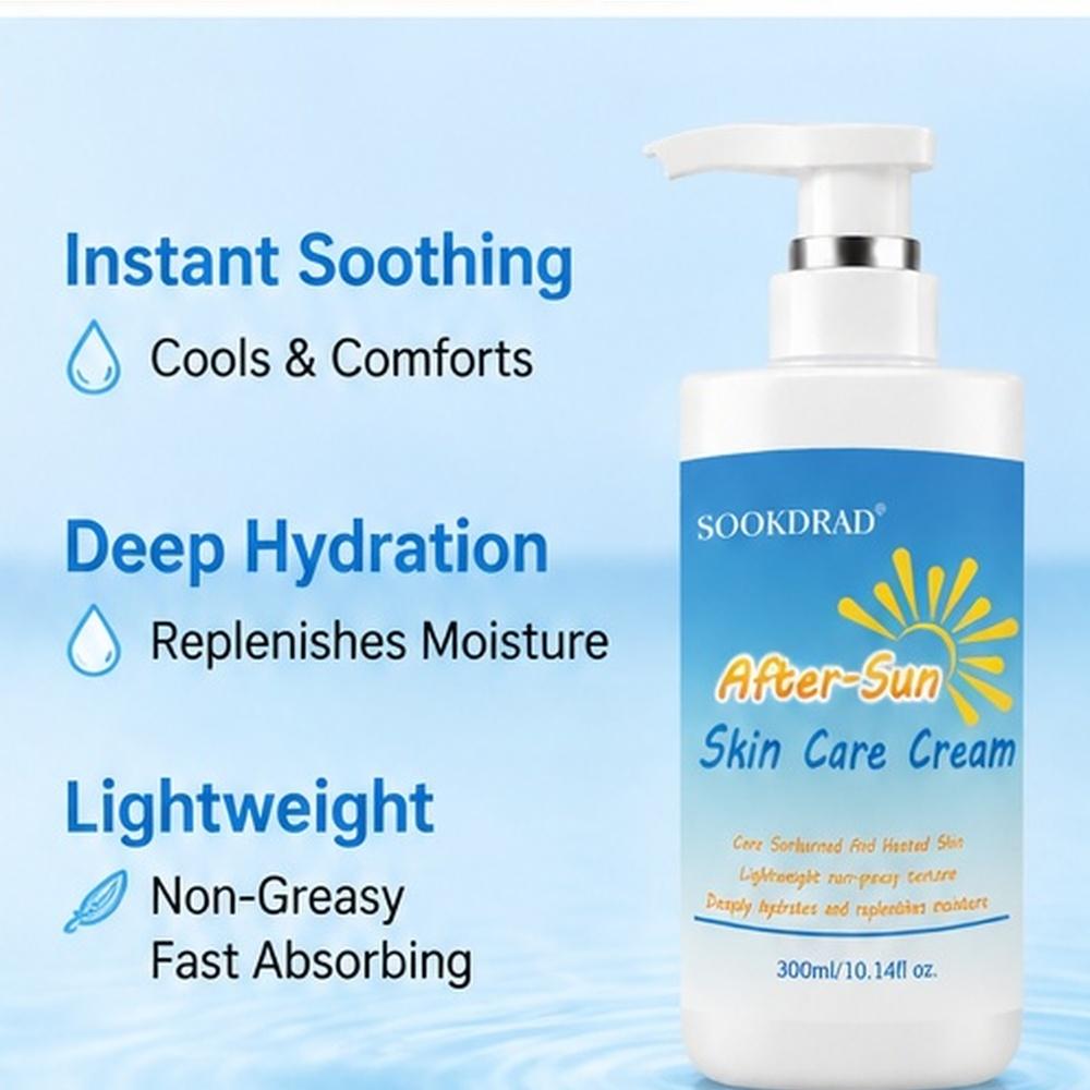After-Sun Skin Care Cream, care sunburned and heated skin, lightweight non-greasy texture, deeply hydrates and replenishes moisture, 300ml/10.14fl oz