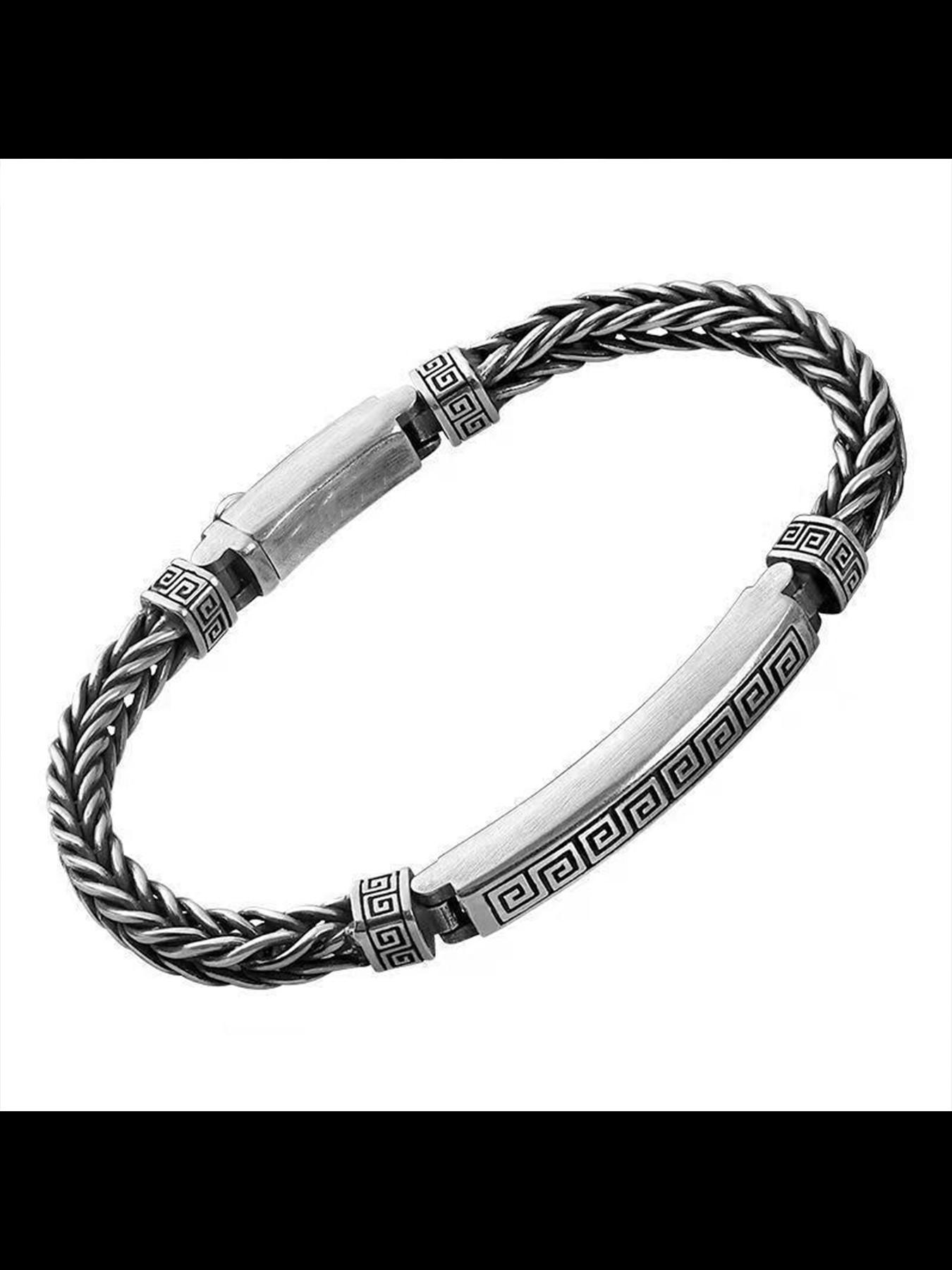 Men's Retro Wave Pattern Silver Color Buckle Bracelet, Trendy Creative Handmade Woven Jewelry, Fashionable Men's Accessory