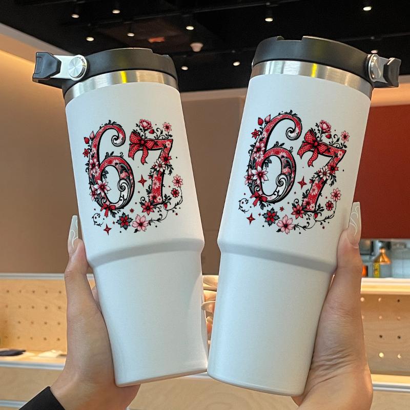 30oz Handheld Insulated Cup with Rose Pattern, Large Capacity Stainless Steel Water Bottle with Straw, Ideal for Sports Outdoor Home Travel Gift