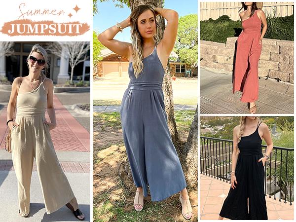 ANRABESS Women's Summer Straps One Shoulder Pleated High Waist Casual Wide Leg Jumpsuit Romper with Pockets