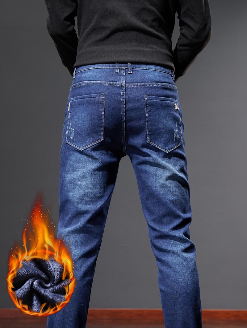 New Fall Winter Fleece Lined Thick Slim Fit Jeans for Men, Casual High-End Elastic Long Pants, Autumn Fashion Menswear